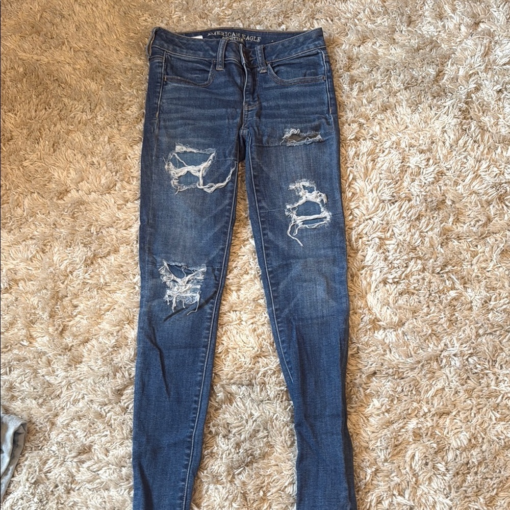 American Eagle Outfitters Blue Skinny Jeans with Distressed Details